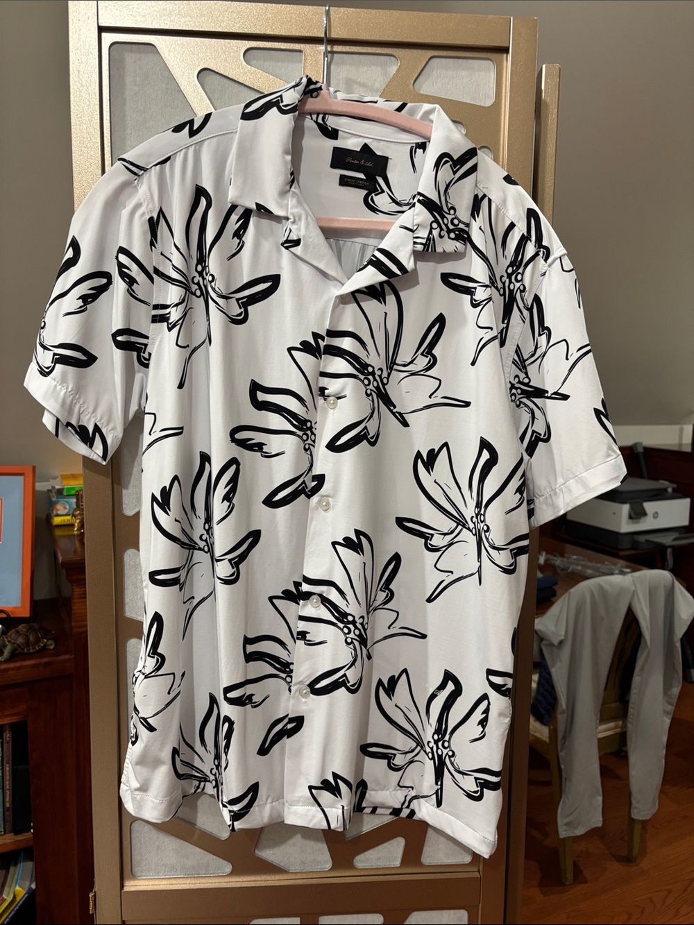 Men's White Short-Sleeve Button-Down Shirt with Black Floral Print